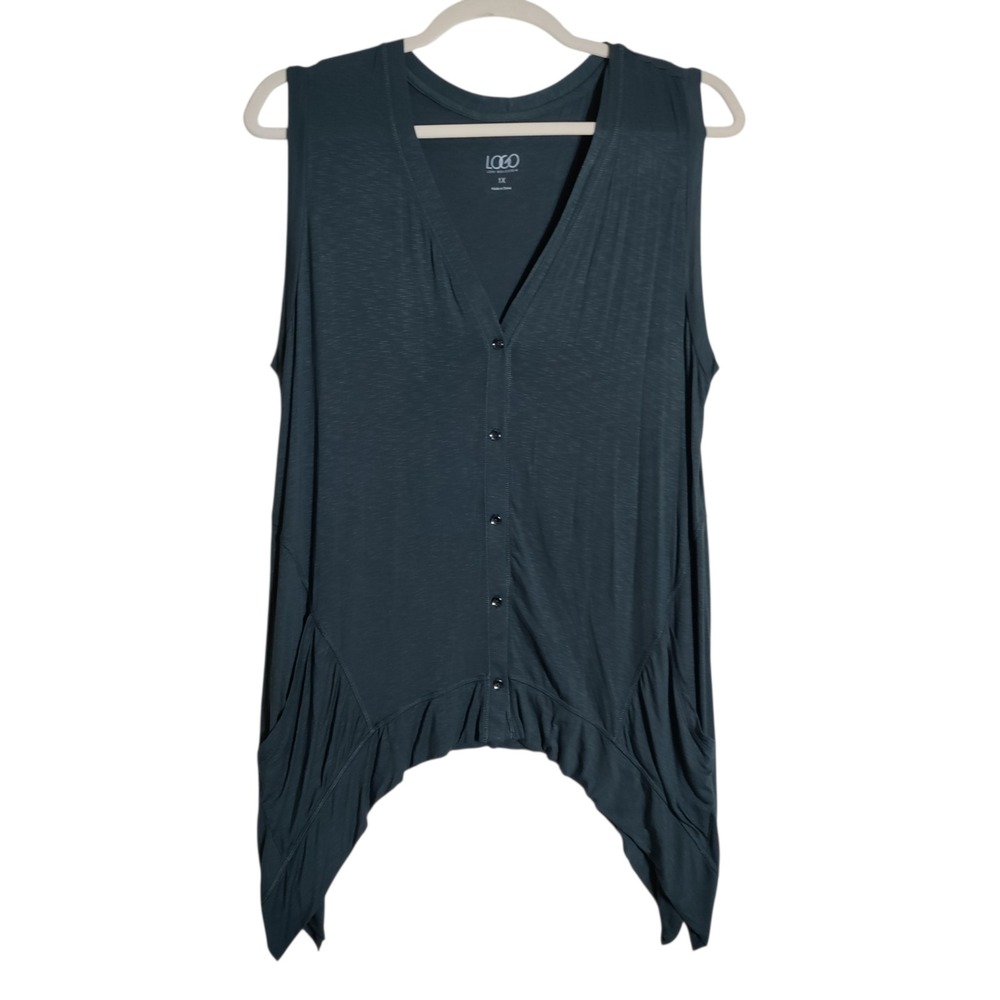 LOGO Lori Goldstein Womens 1X Teal Slub Knit Sharkbite Hem Button Front Tank Top